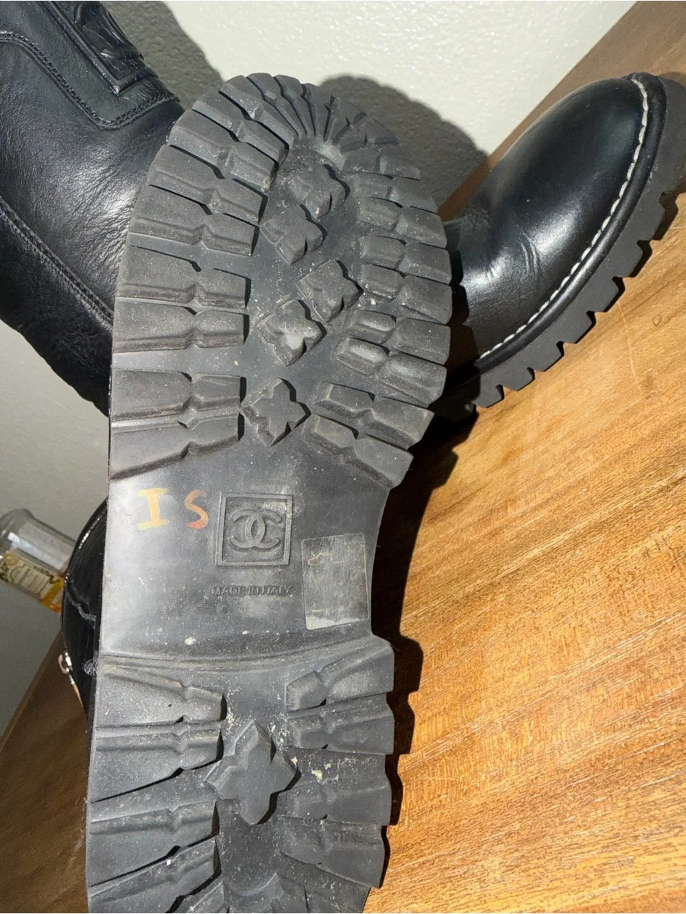 CHANEL Black Leather Combat Moto Boots with CC Logo